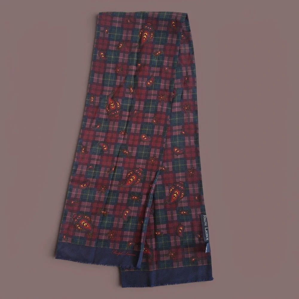 Ralph Lauren Vintage Silk Scarf Mens Plaid Paisley Burgundy Navy Classic Luxury